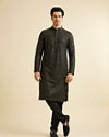 Manyavar Men Black & Dark Green Chikankari Grid Print Kurta Set