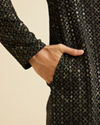Manyavar Men Black & Dark Green Chikankari Grid Print Kurta Set