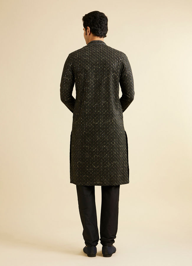 Manyavar Men Black & Dark Green Chikankari Grid Print Kurta Set