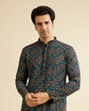 alt message - Manyavar Men Black & Aqua Green Chikankari Grid Print Kurta Set image number 0