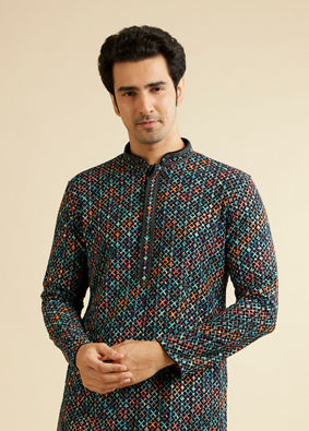 alt message - Manyavar Men Black & Aqua Green Chikankari Grid Print Kurta Set image number 0