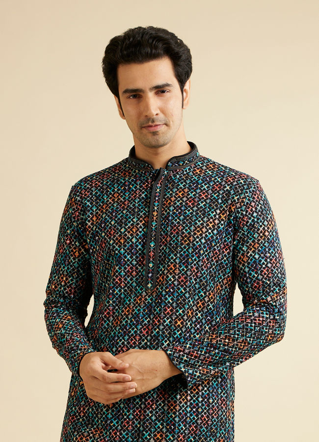 alt message - Manyavar Men Black & Aqua Green Chikankari Grid Print Kurta Set image number 0