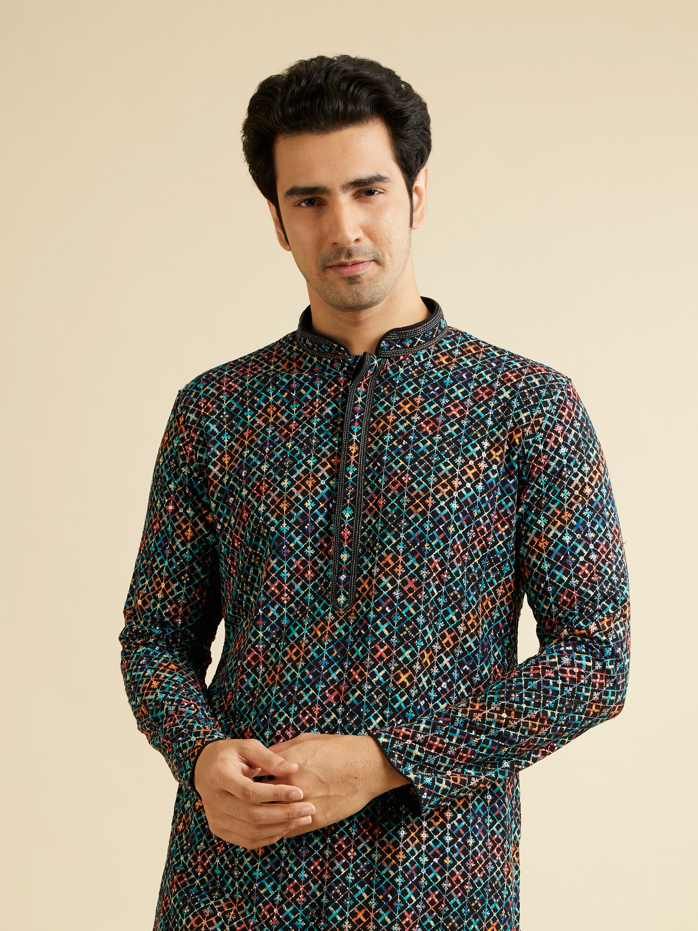 Manyavar Men Black & Aqua Green Chikankari Grid Print Kurta Set