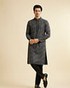 Manyavar Men Black & Aqua Green Chikankari Grid Print Kurta Set