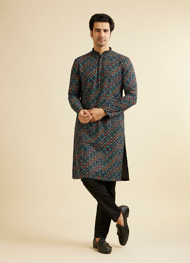 Manyavar Men Black & Aqua Green Chikankari Grid Print Kurta Set