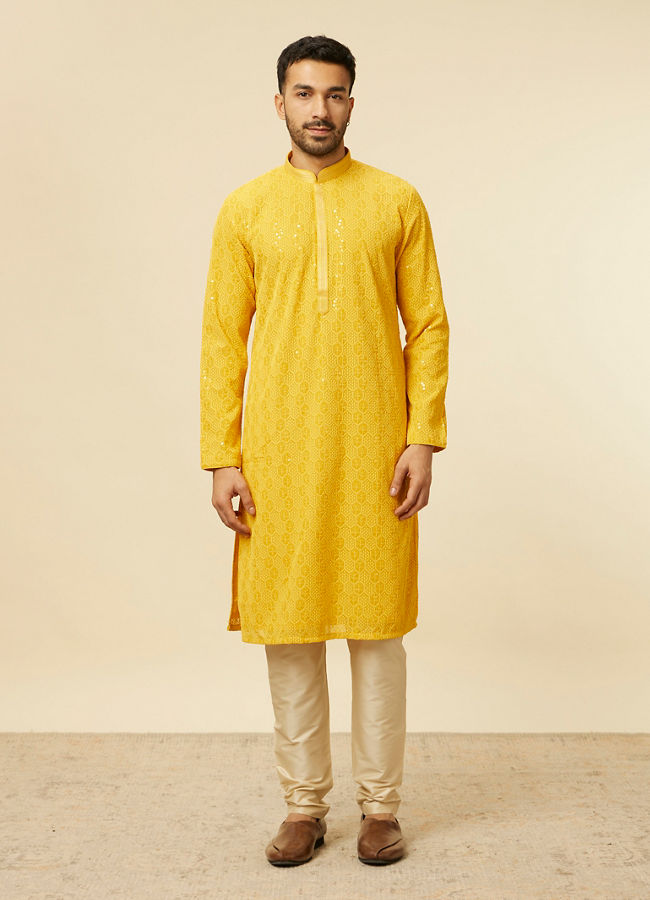 alt message - Manyavar Men Vibrant Yellow Chikankari Embroidered Kurta Set image number 2