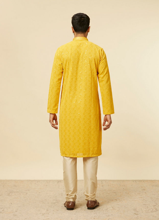 alt message - Manyavar Men Vibrant Yellow Chikankari Embroidered Kurta Set image number 5