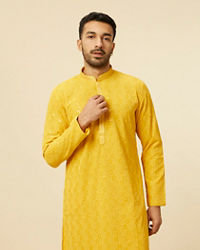 Manyavar Men Vibrant Yellow Chikankari Embroidered Kurta Set