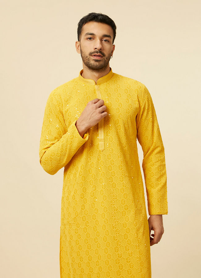 alt message - Manyavar Men Vibrant Yellow Chikankari Embroidered Kurta Set image number 0