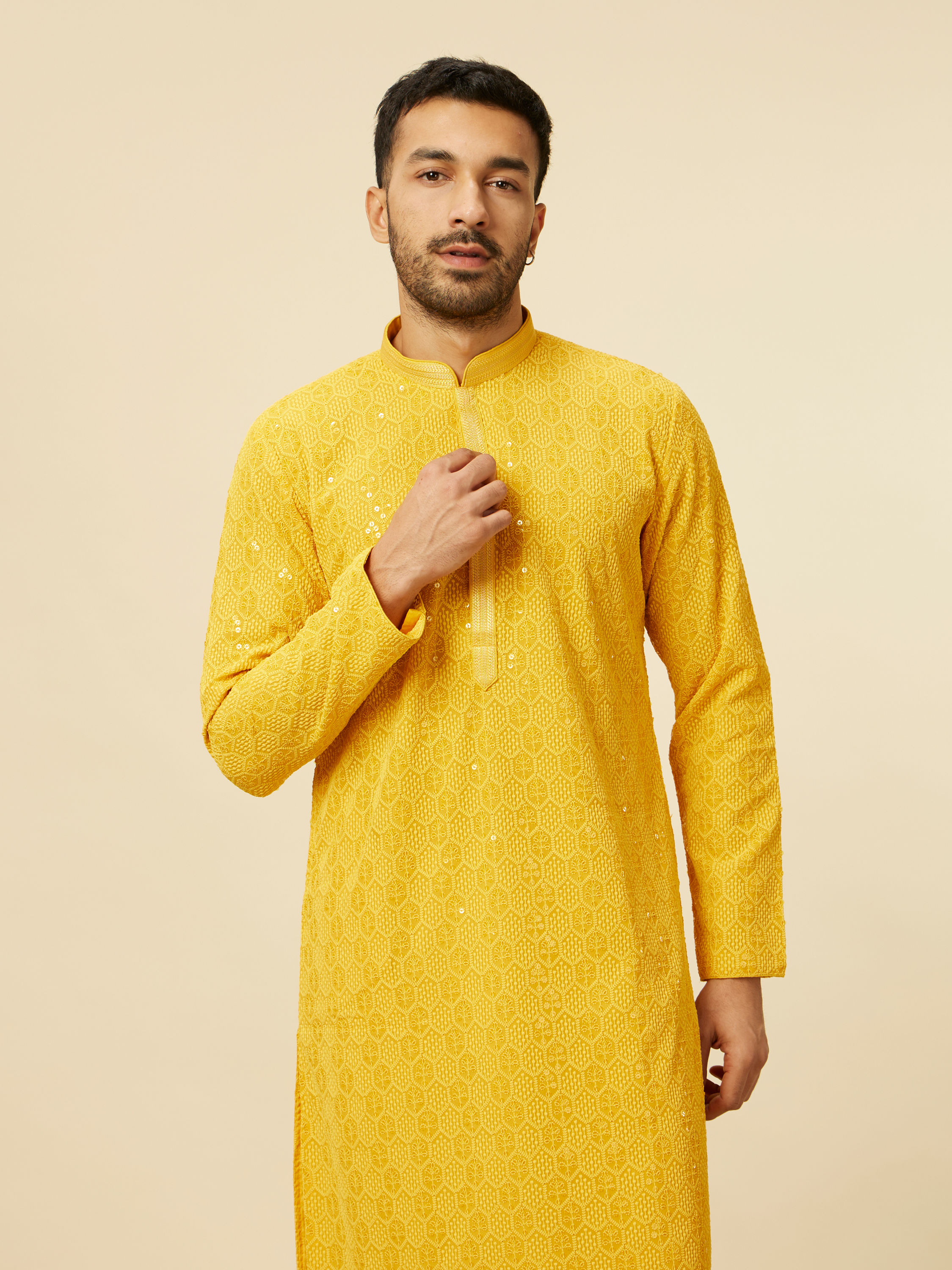 Manyavar Men Vibrant Yellow Chikankari Embroidered Kurta Set