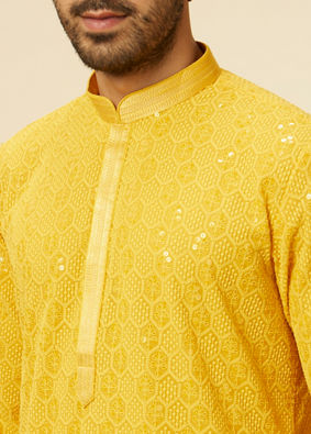 alt message - Manyavar Men Vibrant Yellow Chikankari Embroidered Kurta Set image number 1