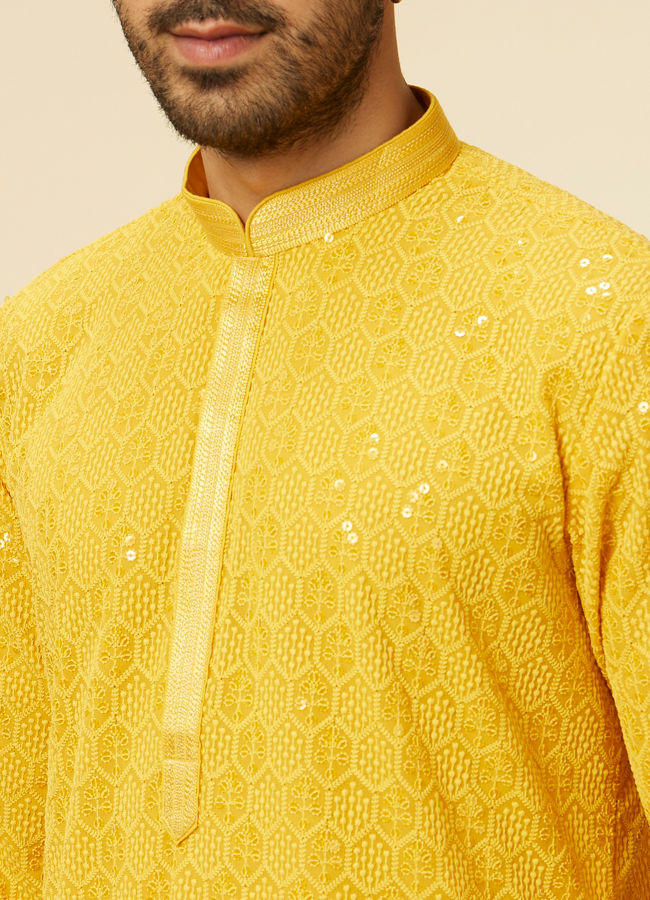 alt message - Manyavar Men Vibrant Yellow Chikankari Embroidered Kurta Set image number 1