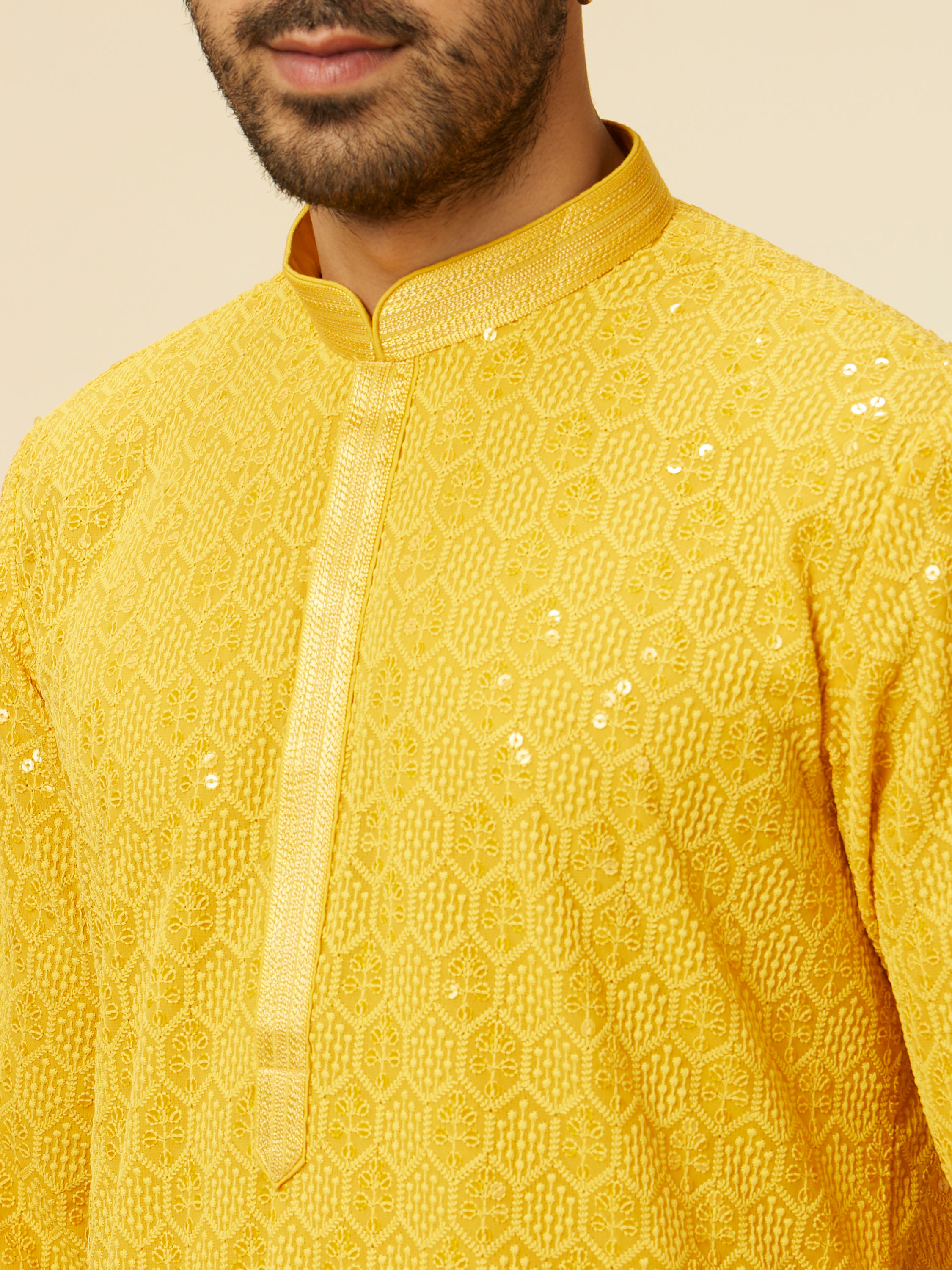 Manyavar Men Vibrant Yellow Chikankari Embroidered Kurta Set