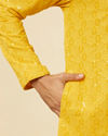 alt message - Manyavar Men Vibrant Yellow Chikankari Embroidered Kurta Set image number 3