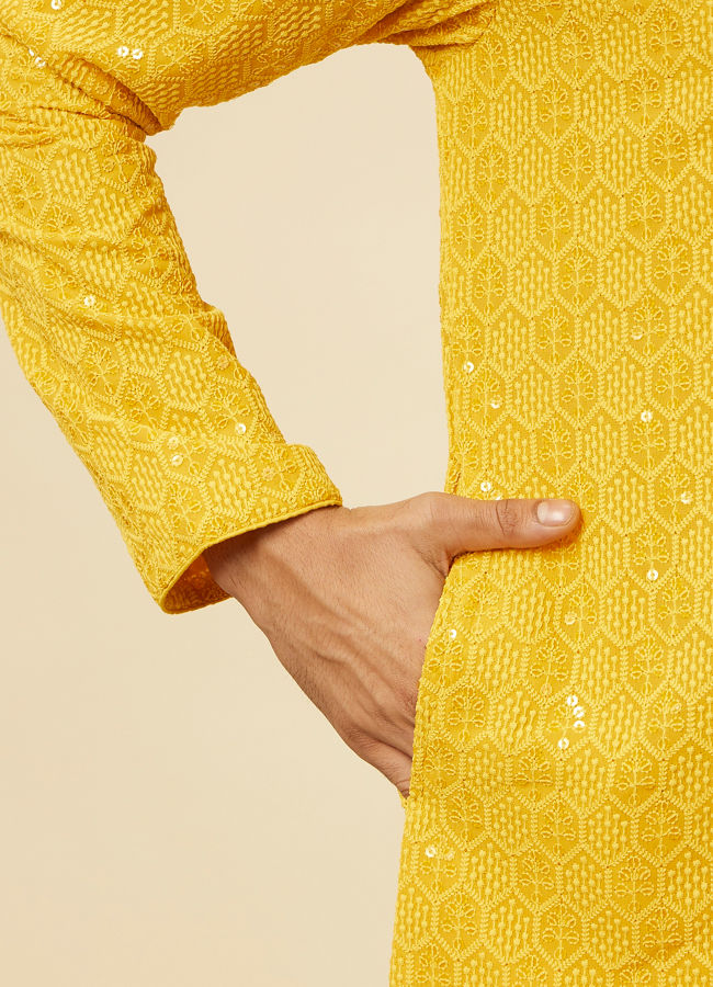 Manyavar Men Vibrant Yellow Chikankari Embroidered Kurta Set