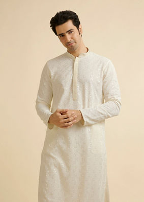 alt message - Manyavar Men Ivory Cream Chikankari Embroidered Kurta Set image number 0