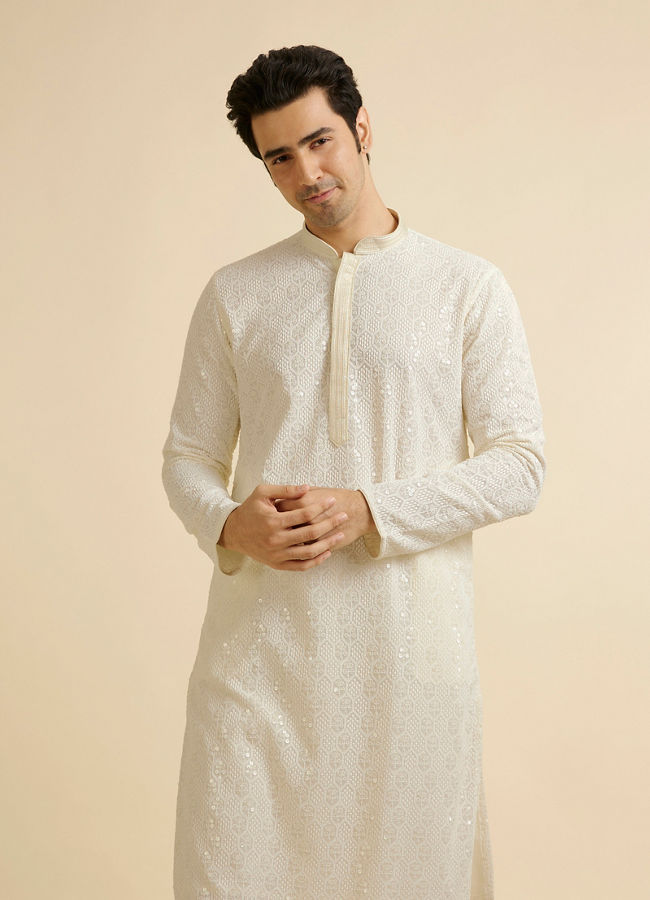 Manyavar Men Ivory Cream Chikankari Embroidered Kurta Set