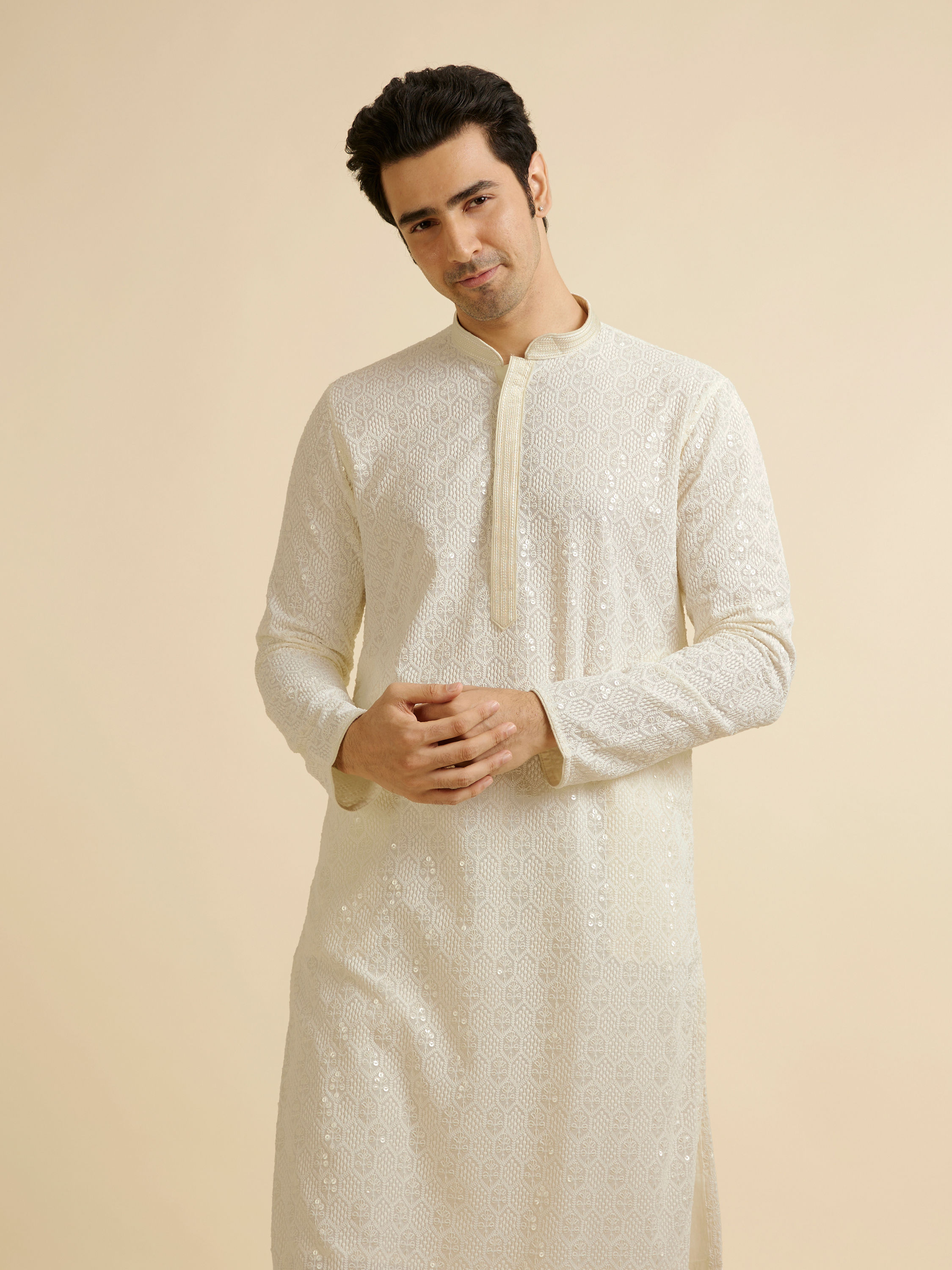 Manyavar Men Ivory Cream Chikankari Embroidered Kurta Set