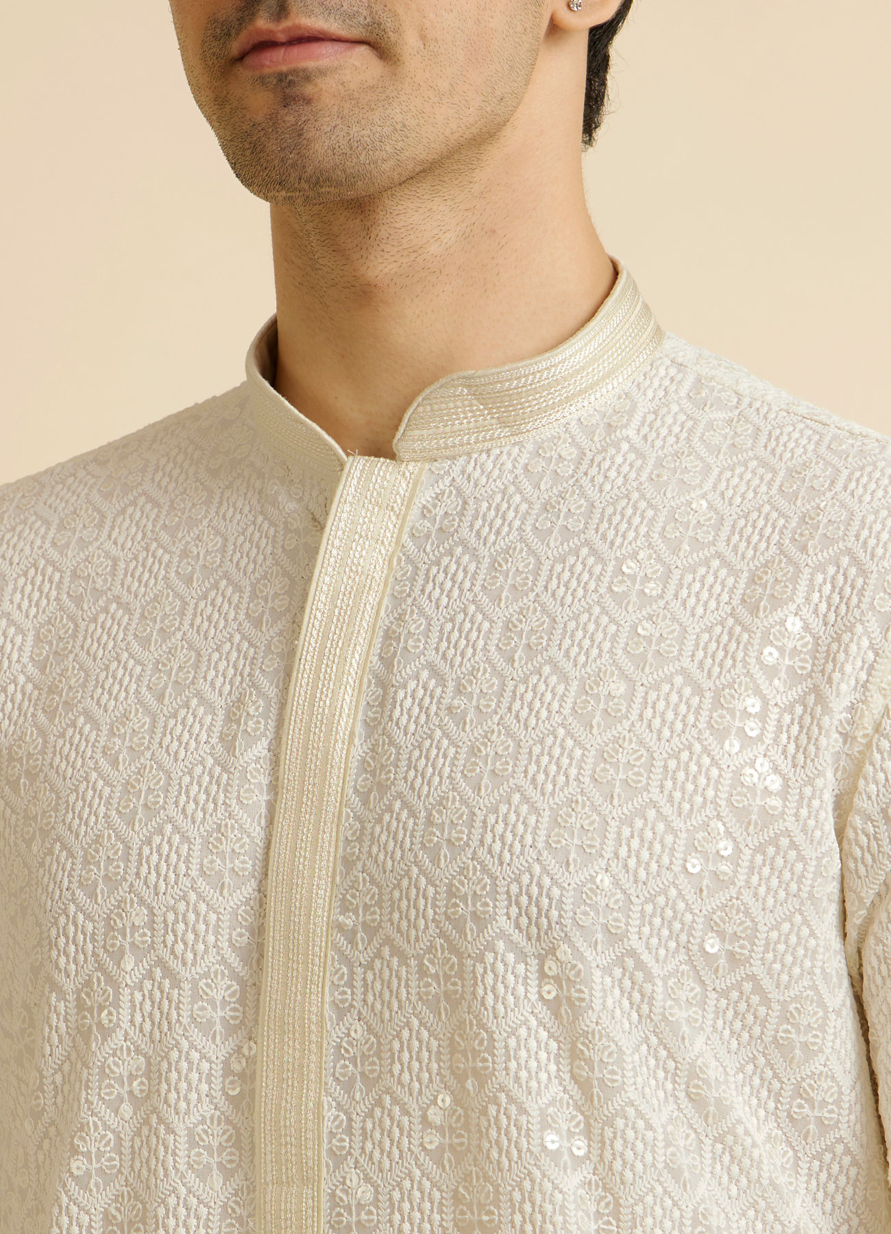 Manyavar Men Ivory Cream Chikankari Embroidered Kurta Set