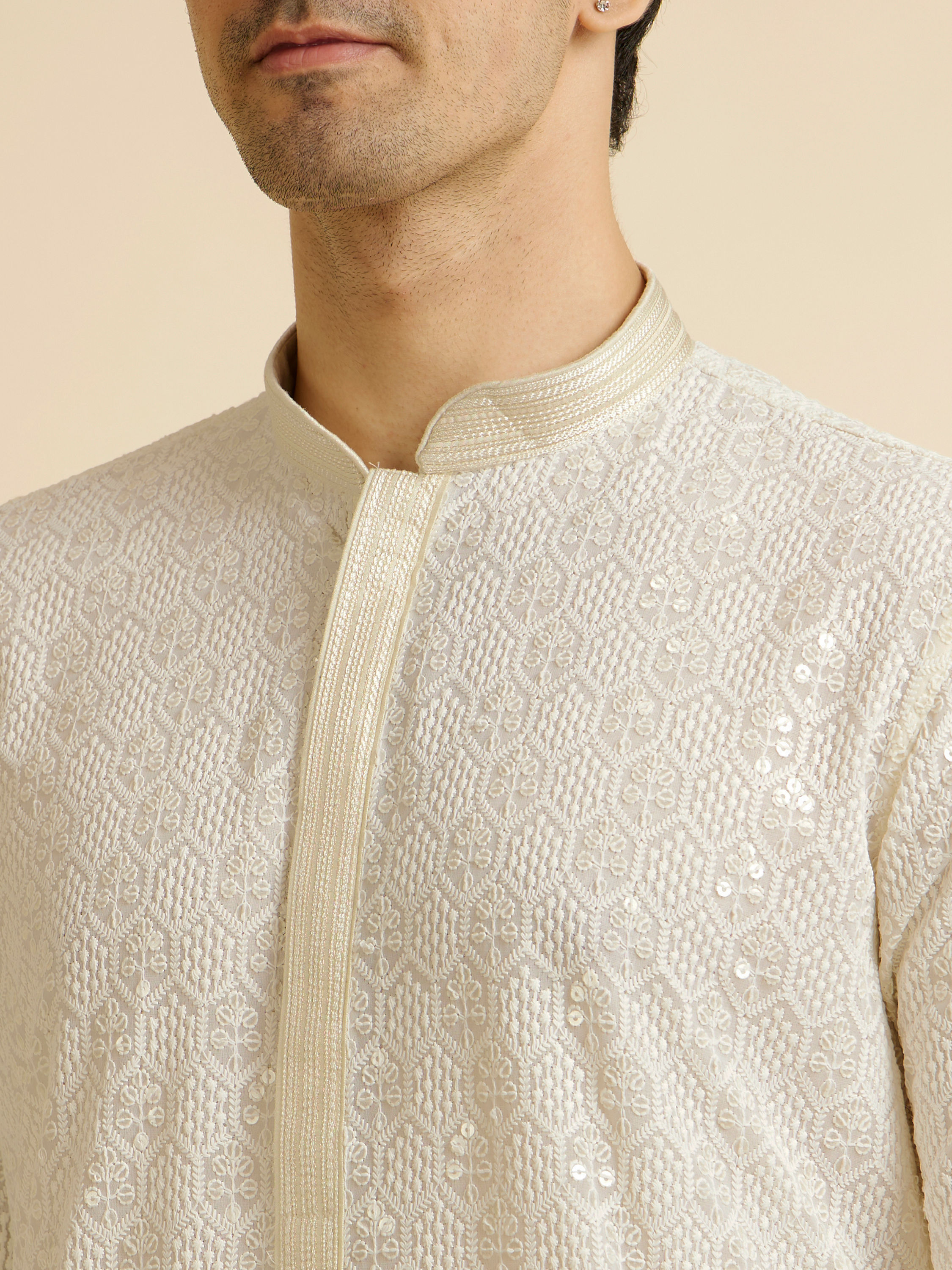 Manyavar Men Ivory Cream Chikankari Embroidered Kurta Set