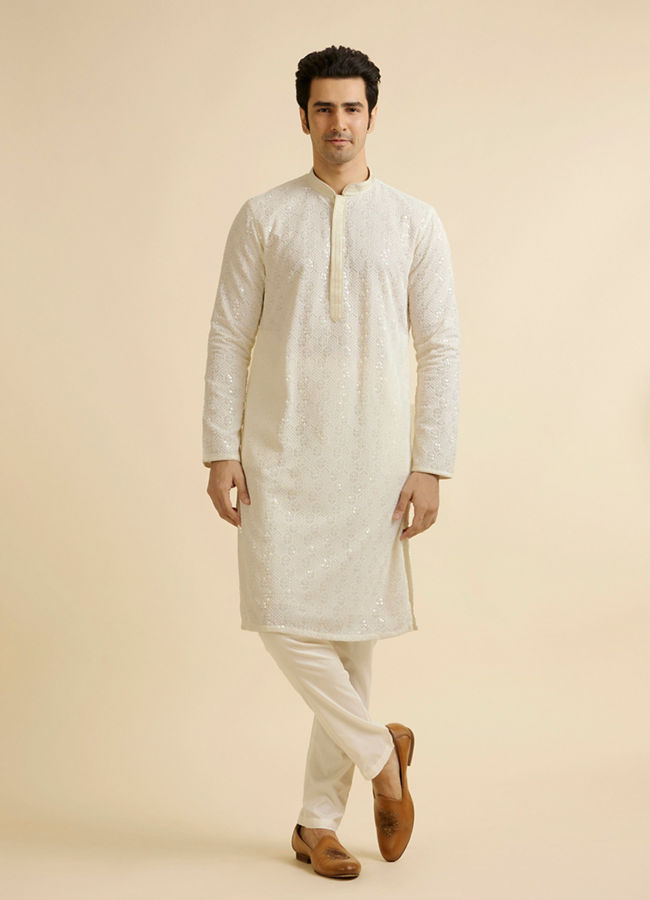 Manyavar Men Ivory Cream Chikankari Embroidered Kurta Set