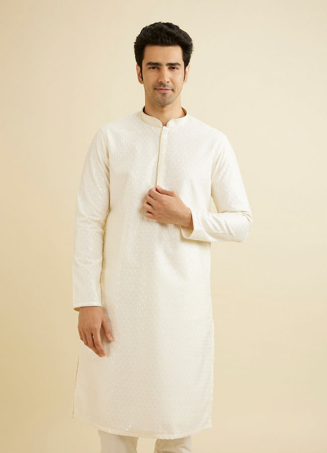 alt message - Manyavar Men Cream White Sequinned Kurta Set image number 0