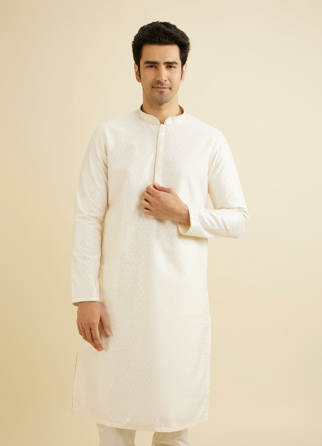 Manyavar Men Cream White Sequinned Kurta Set