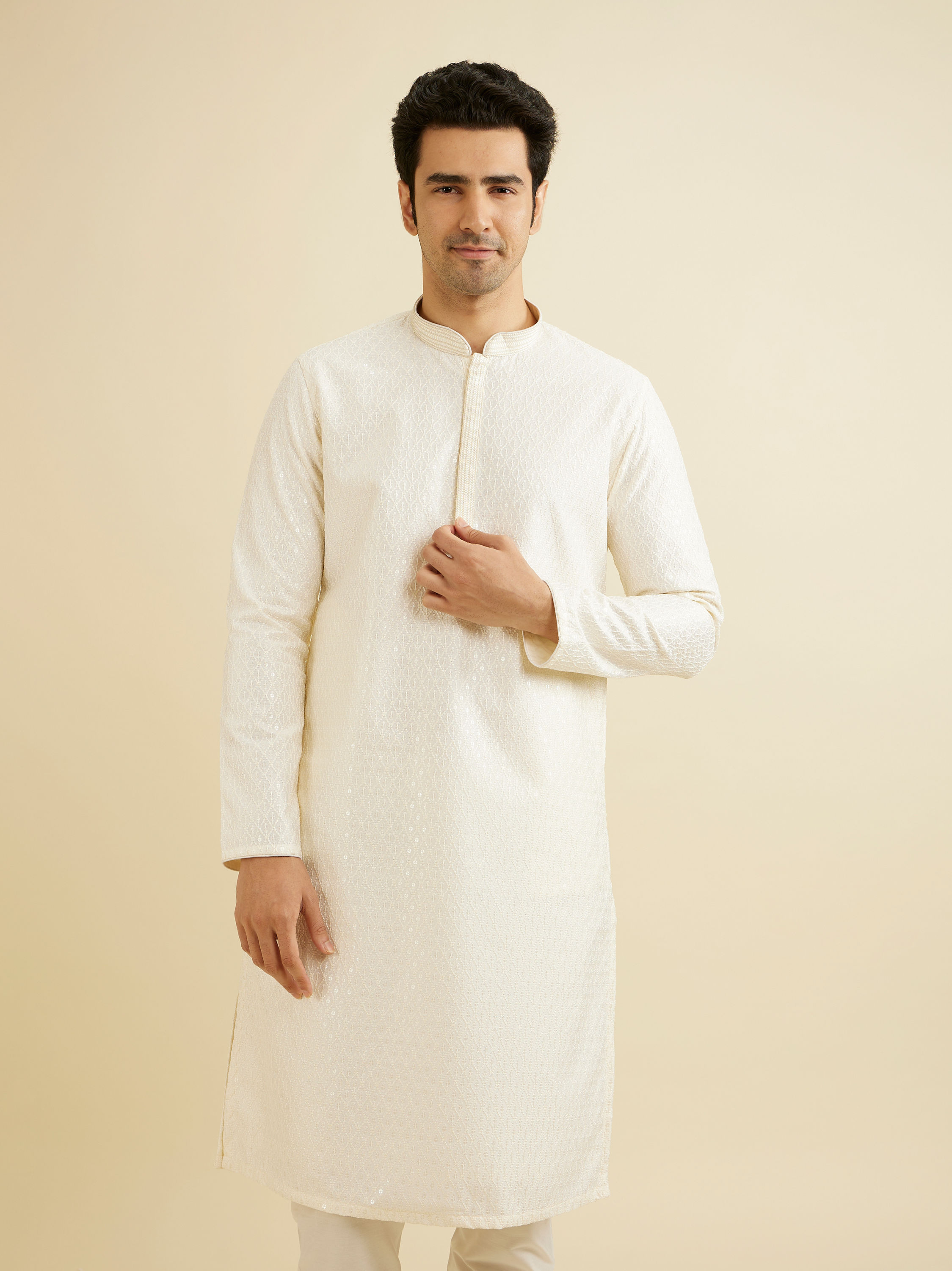 Manyavar Men Cream White Sequinned Kurta Set