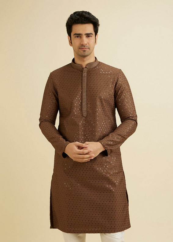 Manyavar Men Mocha Brown Sequinned Kurta Set