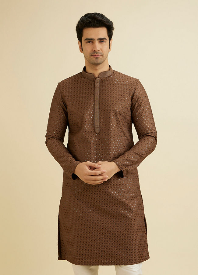 alt message - Manyavar Men Mocha Brown Sequinned Kurta Set image number 0