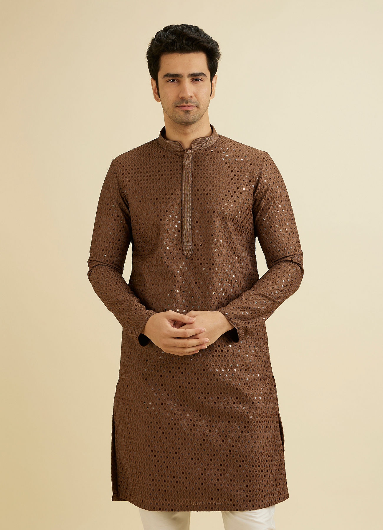 Manyavar Men Mocha Brown Sequinned Kurta Set