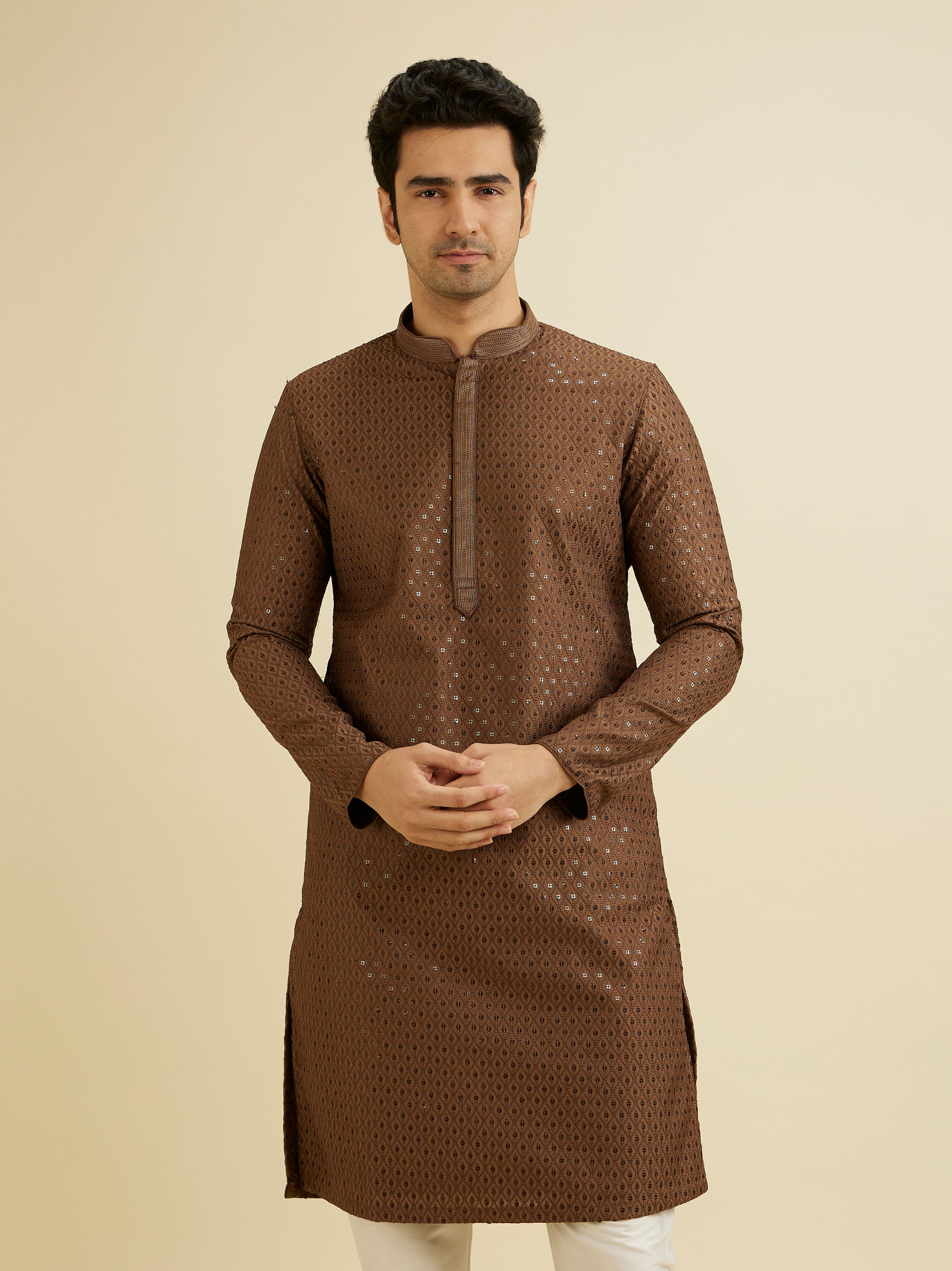 Manyavar Men Mocha Brown Sequinned Kurta Set