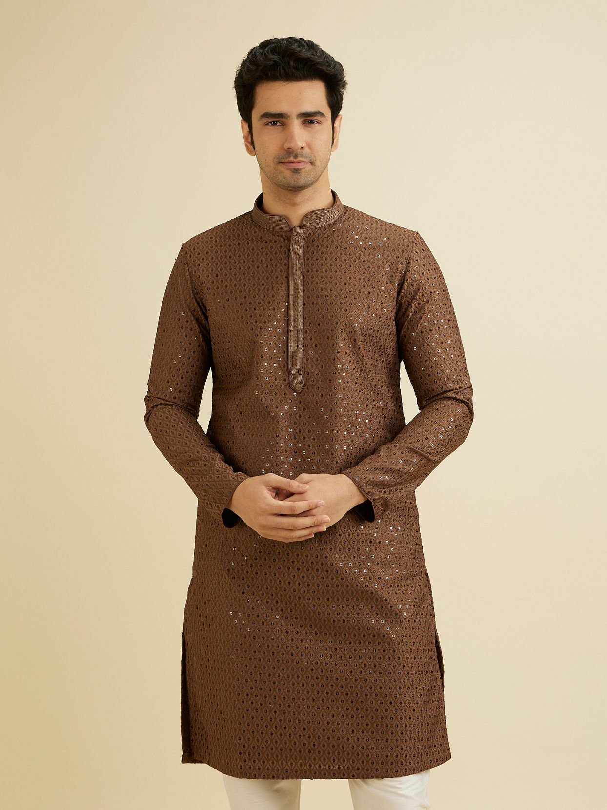 alt message - Manyavar Men Mocha Brown Sequinned Kurta Set image number 0