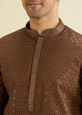 Manyavar Men Mocha Brown Sequinned Kurta Set image number 1