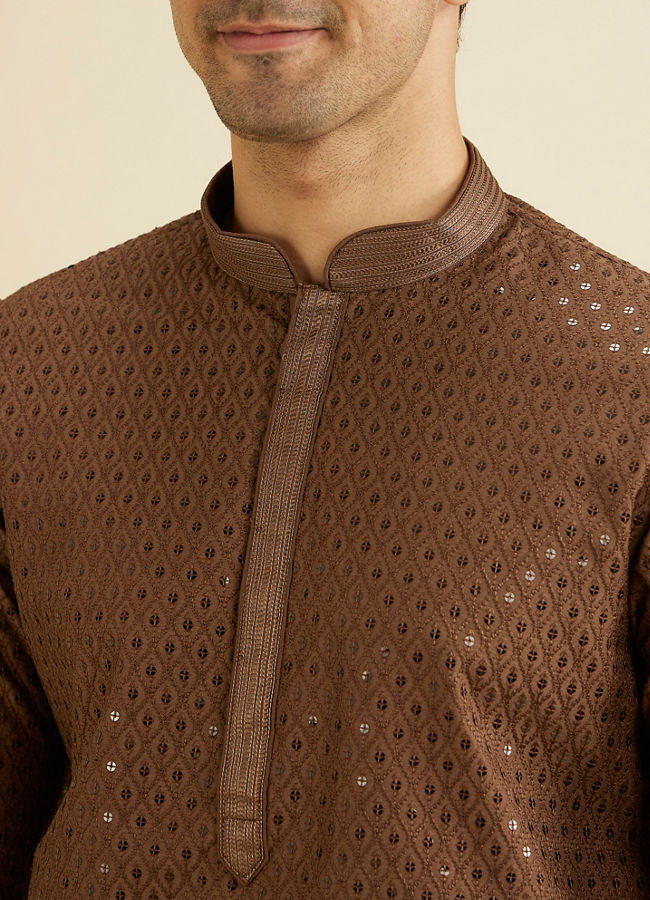 alt message - Manyavar Men Mocha Brown Sequinned Kurta Set image number 1