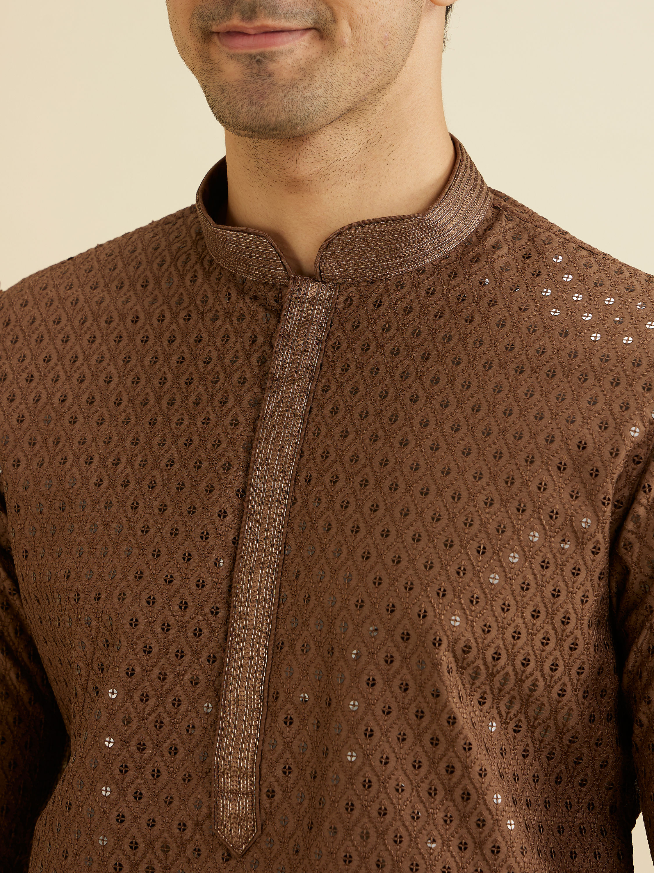 Manyavar Men Mocha Brown Sequinned Kurta Set