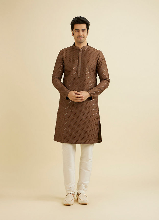 alt message - Manyavar Men Mocha Brown Sequinned Kurta Set image number 2