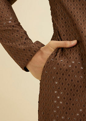 Manyavar Men Mocha Brown Sequinned Kurta Set image number 3