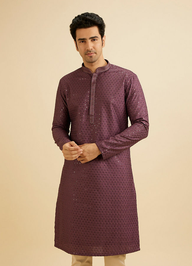 alt message - Manyavar Men Royal Purple Sequinned Kurta Set image number 0