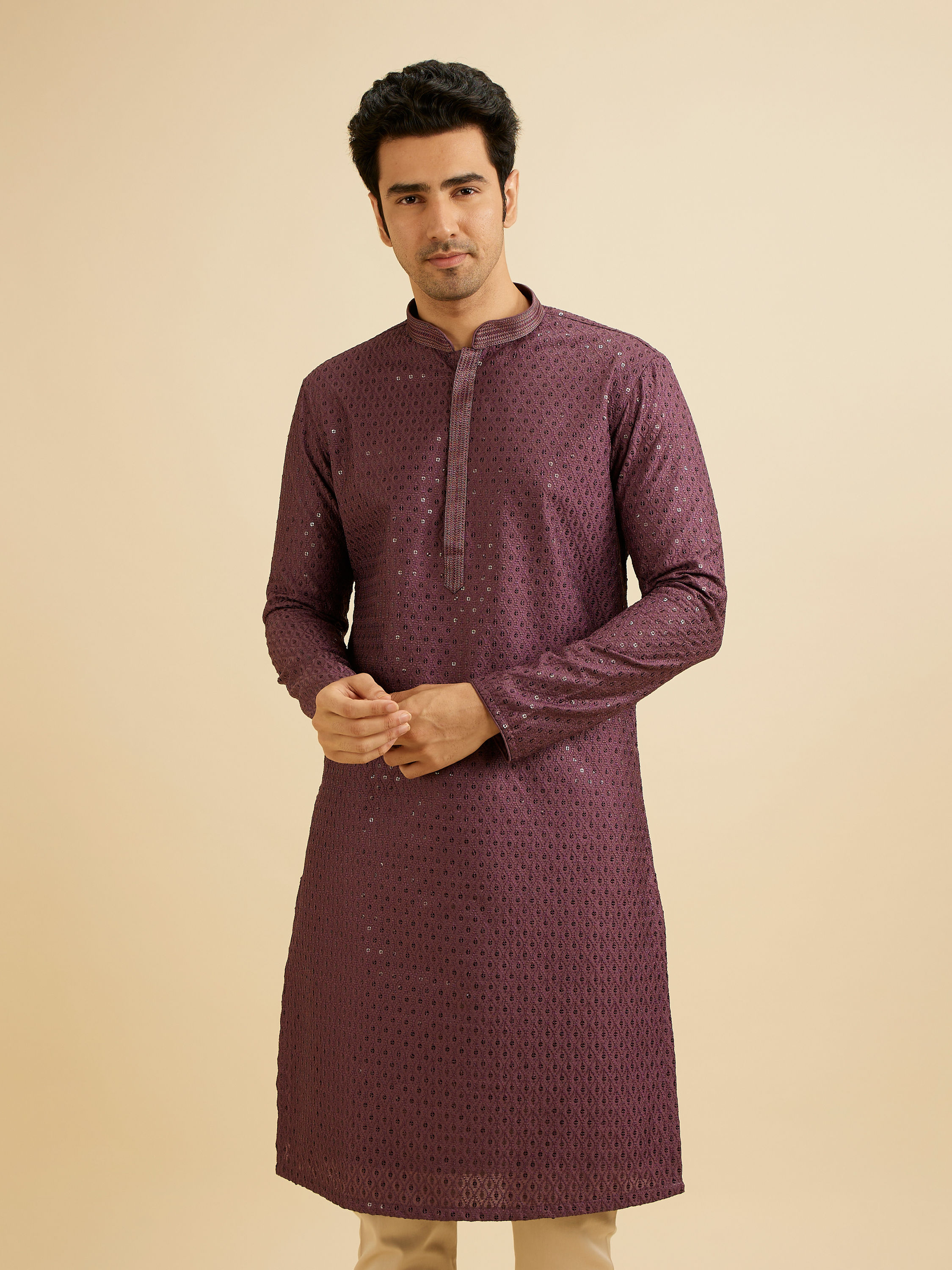 Manyavar Men Royal Purple Sequinned Kurta Set