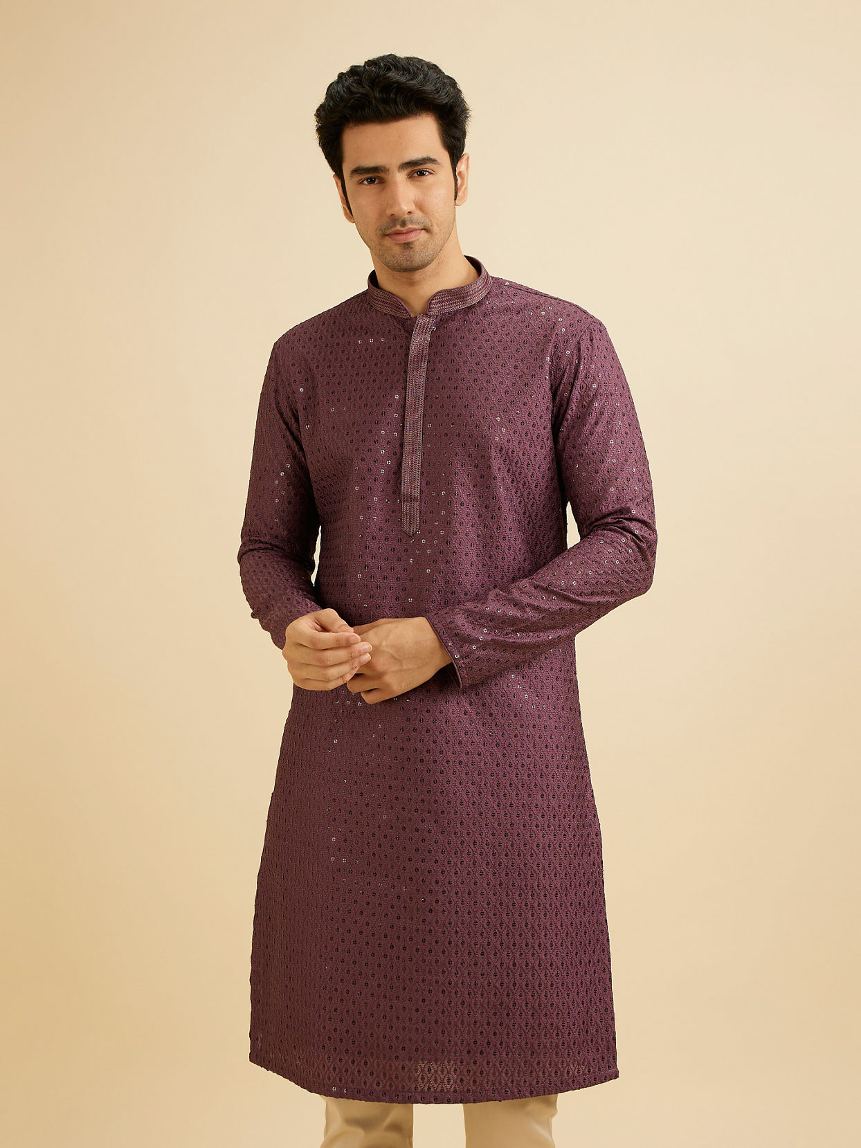 alt message - Manyavar Men Royal Purple Sequinned Kurta Set image number 0