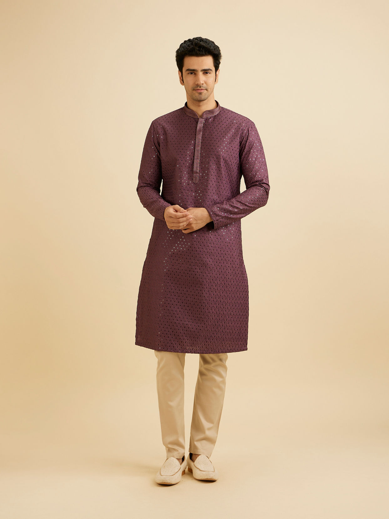 alt message - Manyavar Men Royal Purple Sequinned Kurta Set image number 2