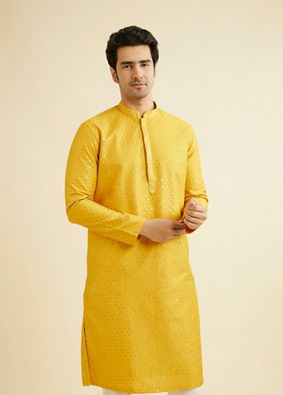 alt message - Manyavar Men Mustard Yellow Sequinned Kurta Set image number 0