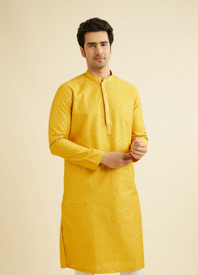 alt message - Manyavar Men Mustard Yellow Sequinned Kurta Set image number 0