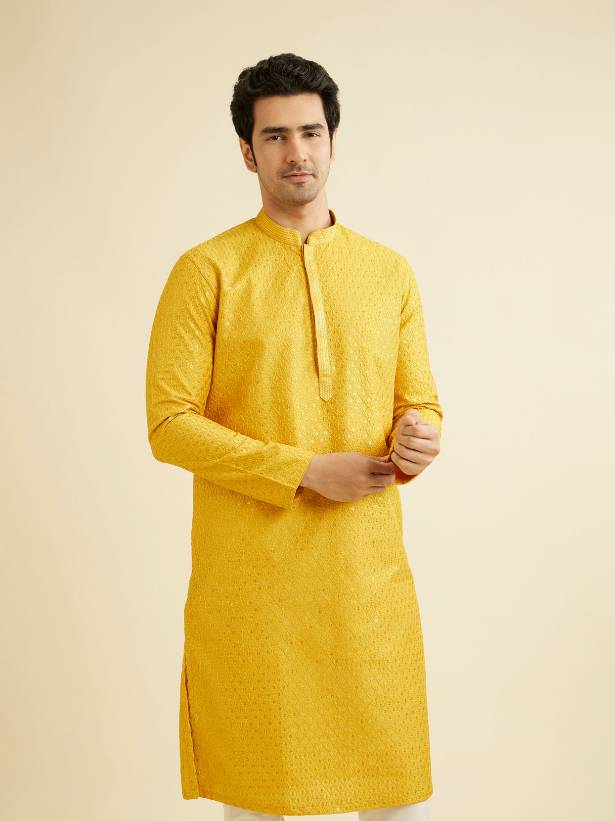 alt message - Manyavar Men Mustard Yellow Sequinned Kurta Set image number 0