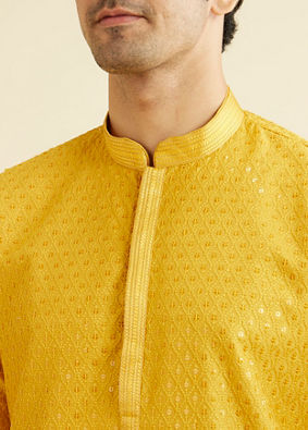 alt message - Manyavar Men Mustard Yellow Sequinned Kurta Set image number 1