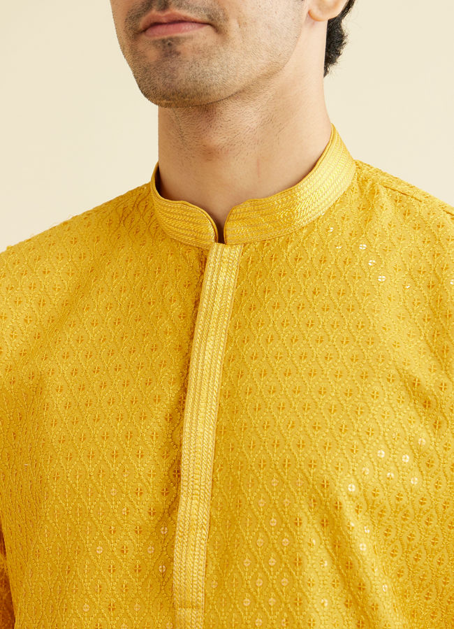 alt message - Manyavar Men Mustard Yellow Sequinned Kurta Set image number 1