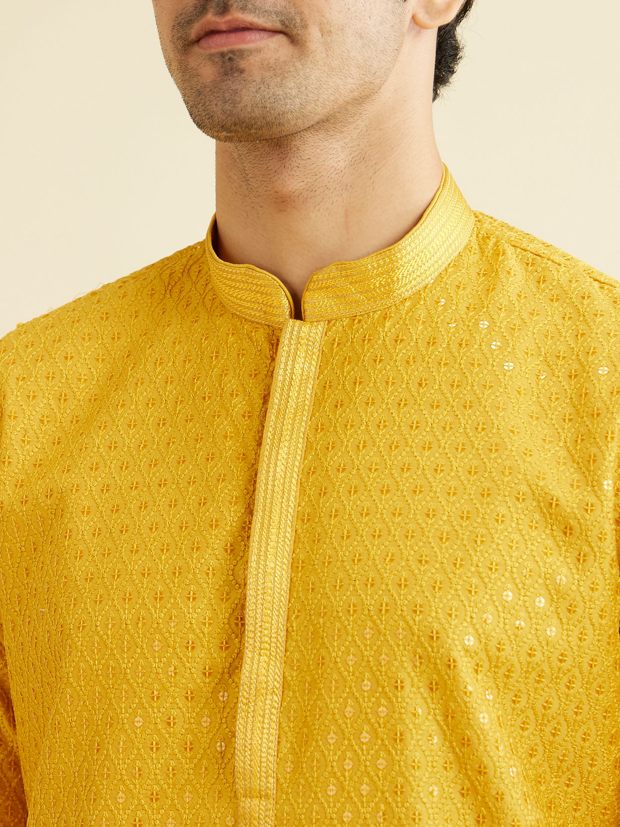 alt message - Manyavar Men Mustard Yellow Sequinned Kurta Set image number 1