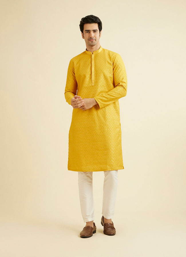 alt message - Manyavar Men Mustard Yellow Sequinned Kurta Set image number 2