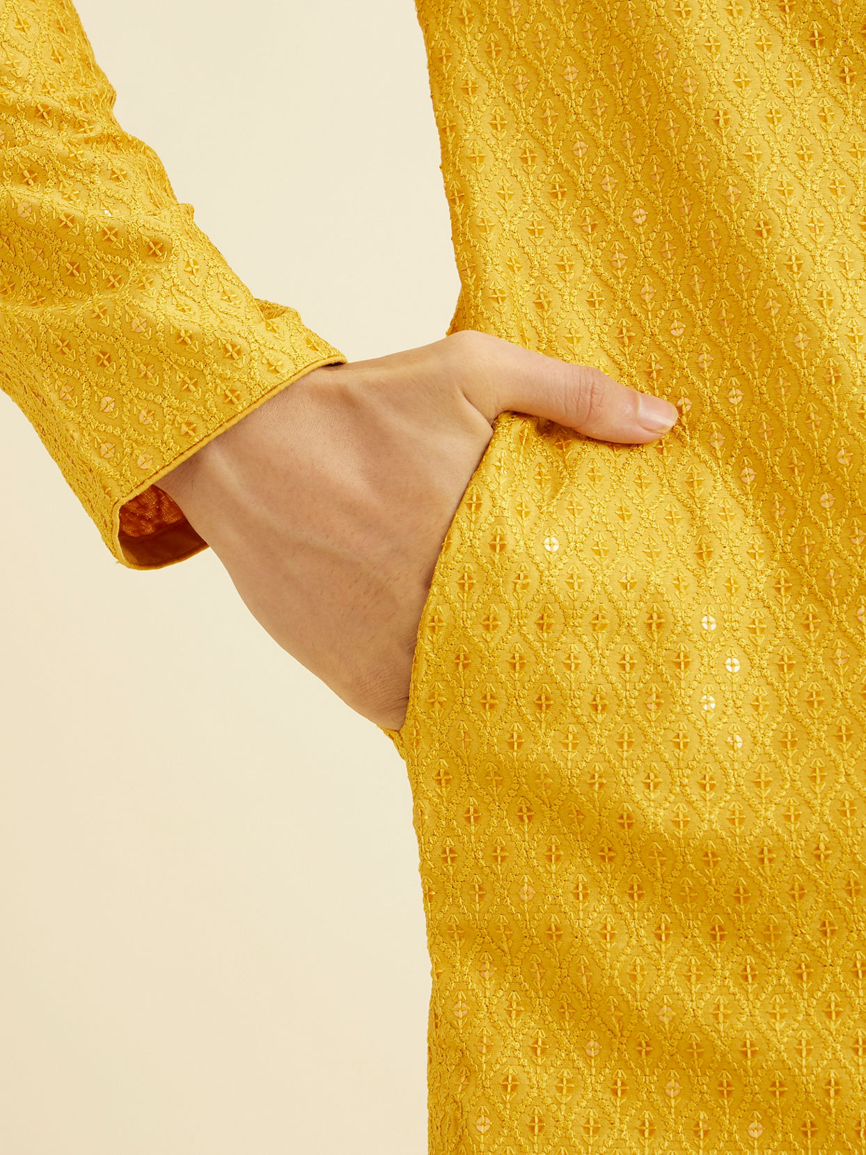 Manyavar Men Mustard Yellow Sequinned Kurta Set